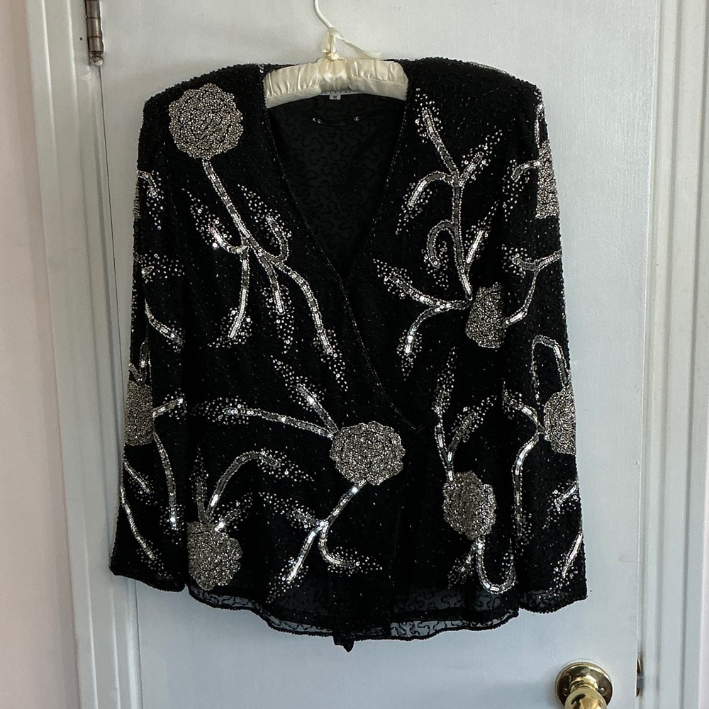 Vintage Saks Fifth Avenue Black Silver Silk Evening Holidays Jacket Sz Medium